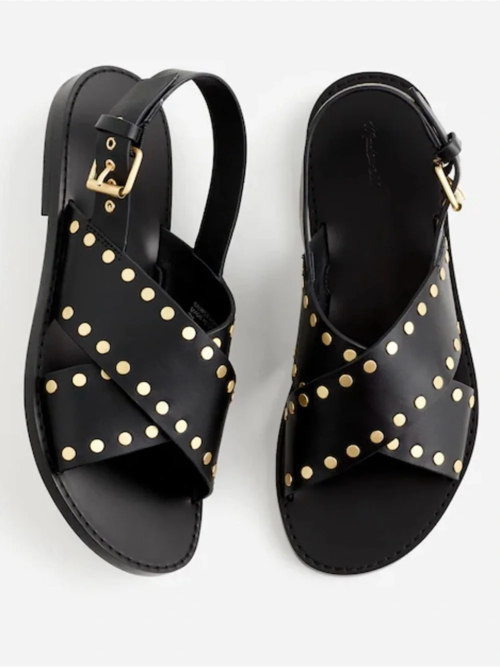 Madewell Black Leather Cross-Strap Sandals with Gold Studs